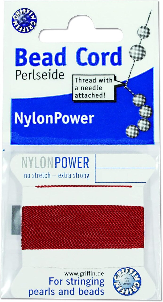 Griffin Nylon Bead Cord Perlseide – Size 12 (0.98mm) – 2 Meters per Card – Stainless Steel Needle Attached – for Knotting Pearls, Gemstones, Crystals and Beads